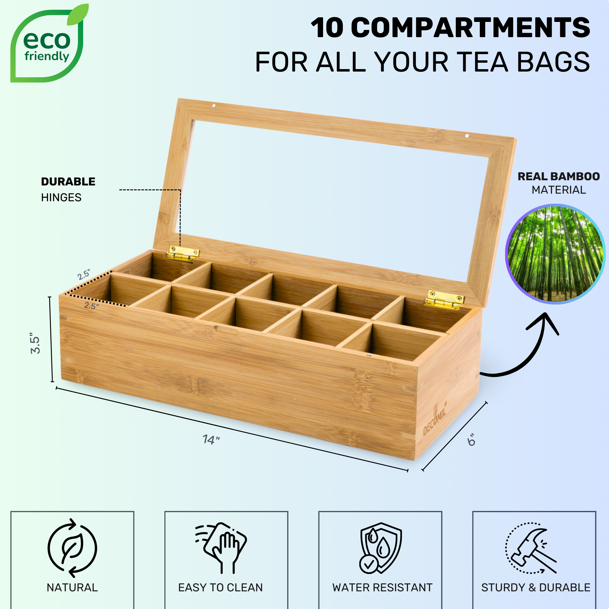 Bamboo Tea Bag Organizer, 10-Compartment Tea Box