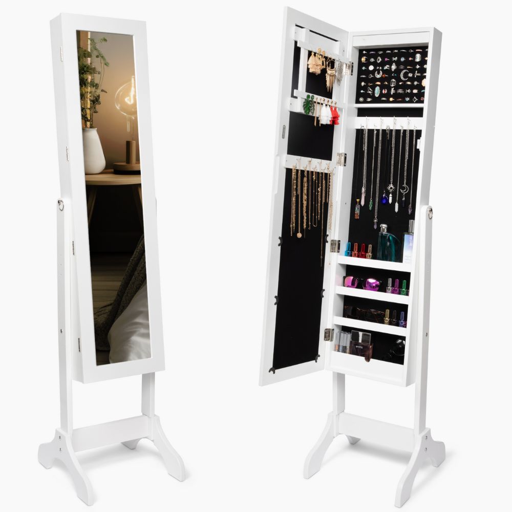 Standing Jewelry Armoire, LED Light Free Standing Jewelry Armoire, Jewelry Cabinet Armoire with Mirror