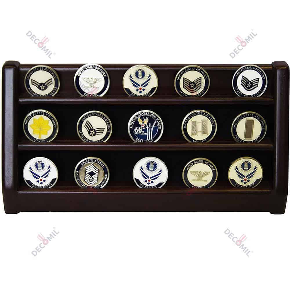 COIN HOLDER SHELF CHALLENGE 3 ROWS DISPLAY CASINO CHIPS HOLDER SOLID WOOD - CHERRY FINISH - DECOMIL