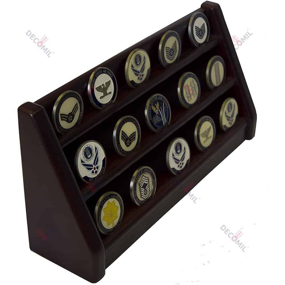 COIN HOLDER SHELF CHALLENGE 3 ROWS DISPLAY CASINO CHIPS HOLDER SOLID WOOD - CHERRY FINISH - DECOMIL