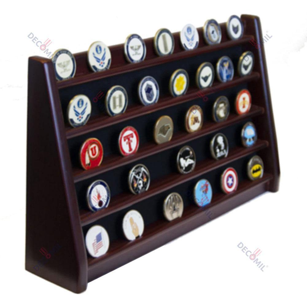 COIN HOLDER SHELF CHALLENGE 5 ROWS DISPLAY CASINO CHIPS HOLDER SOLID WOOD - CHERRY FINISH - DECOMIL