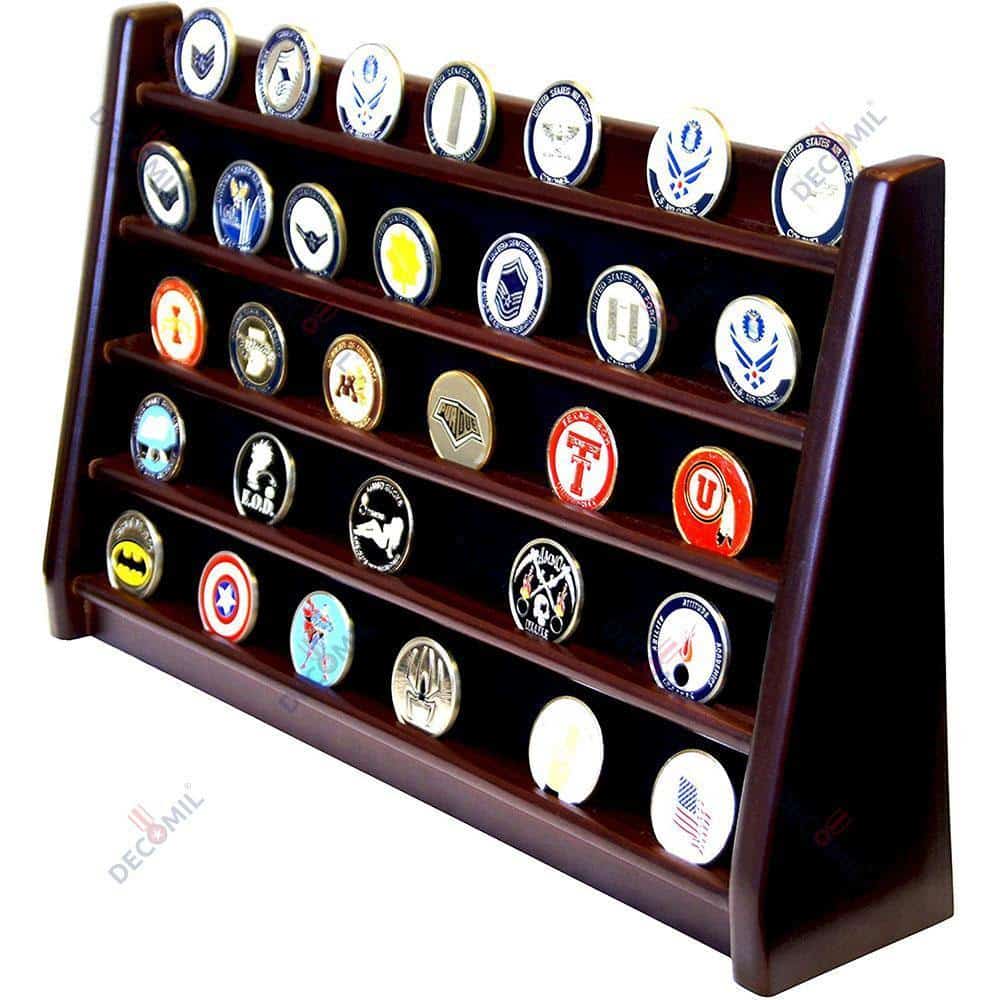 COIN HOLDER SHELF CHALLENGE 5 ROWS DISPLAY CASINO CHIPS HOLDER SOLID WOOD - CHERRY FINISH - DECOMIL