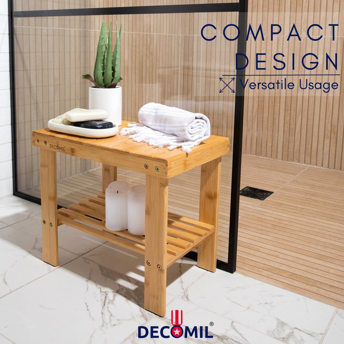 Bamboo Shower Bench, Shower Stool with Storage Shelf -3