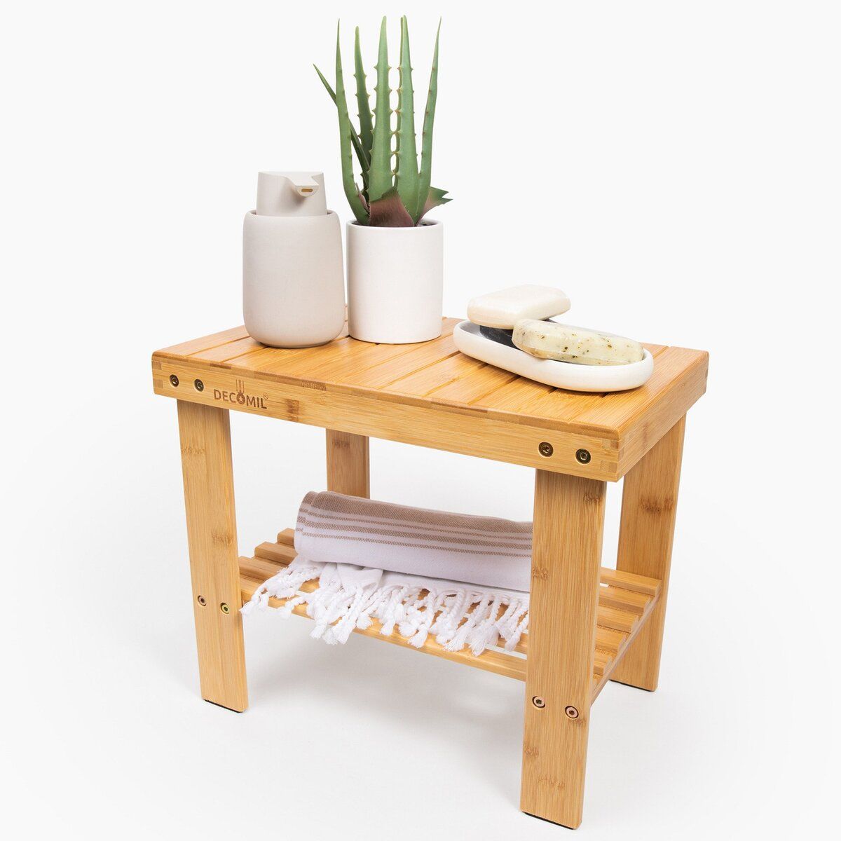 Bamboo Shower Bench, Shower Stool with Storage Shelf -6